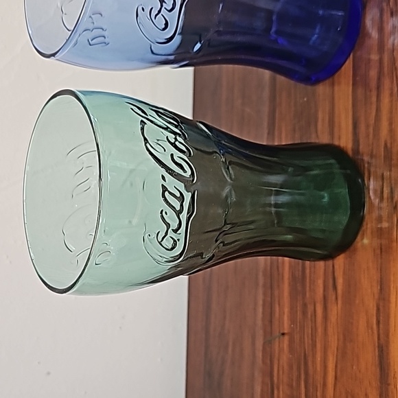 3 colored Coca Cola coke glasses 2 blue 1 green raised logo - Picture 2 of 9